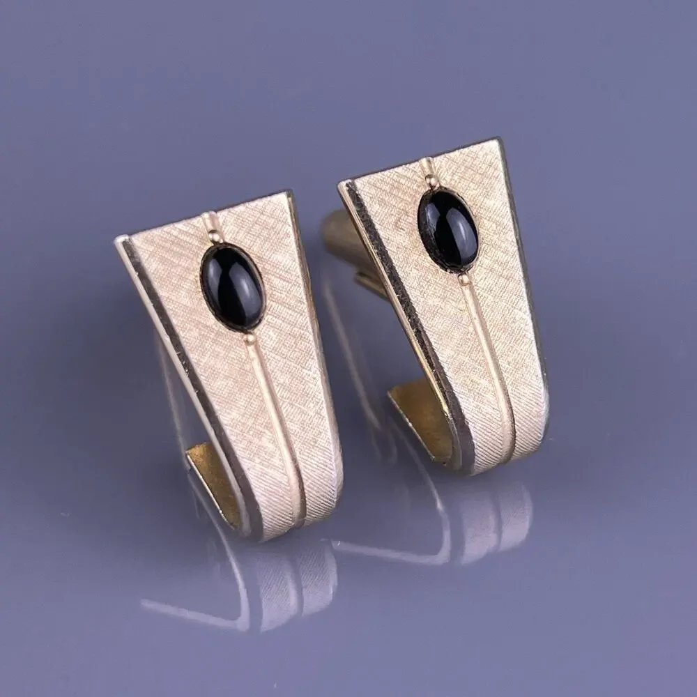 Black Onyx Wrap Cufflinks Gold Tone MCM Florentine Finish Trapezoid Swank VTG